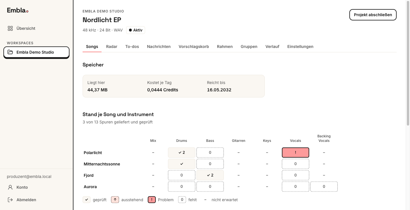 Embla im Browser: die Projektseite der Demo-Produktion „Nordlicht EP“ mit dem Stand je Song und Instrumentengruppe